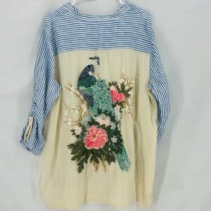 John Mark Women’s XL Blue White Stripes Embroidered Peacock Button Down Top